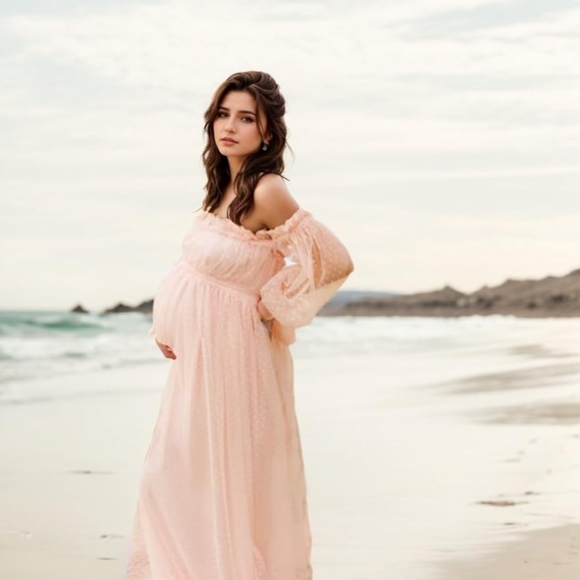 Maternity Dress for Photo Shoot-Lace Puff Sleeves Medium - Picture 1 of 6